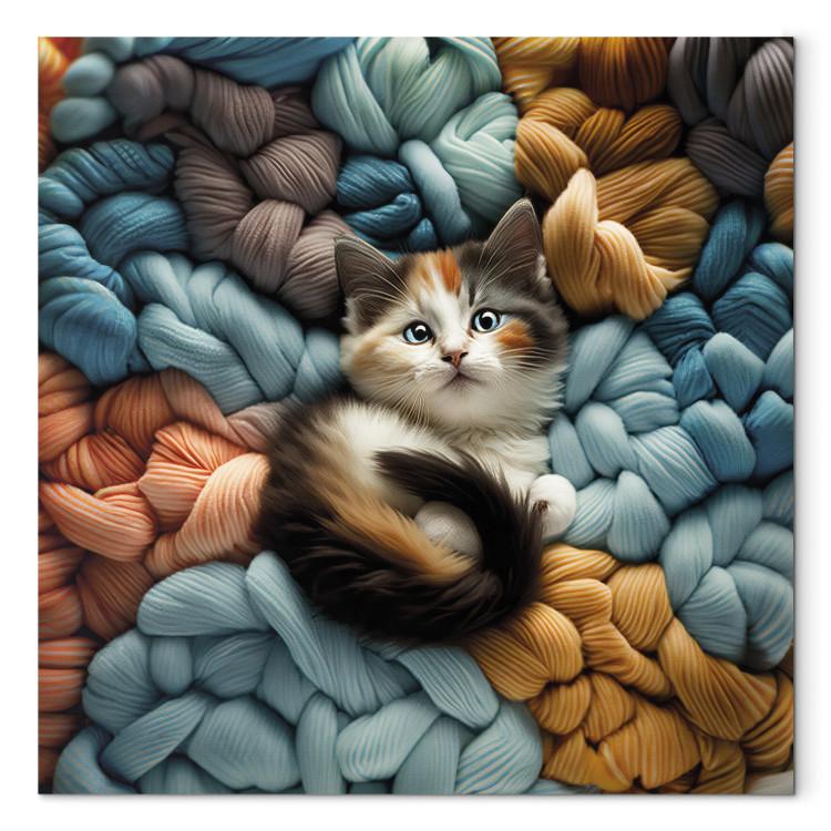 Canvas Print AI Calico Cat - Tortoiseshell Animal Resting on Bundles of Colorful Yarns - Square