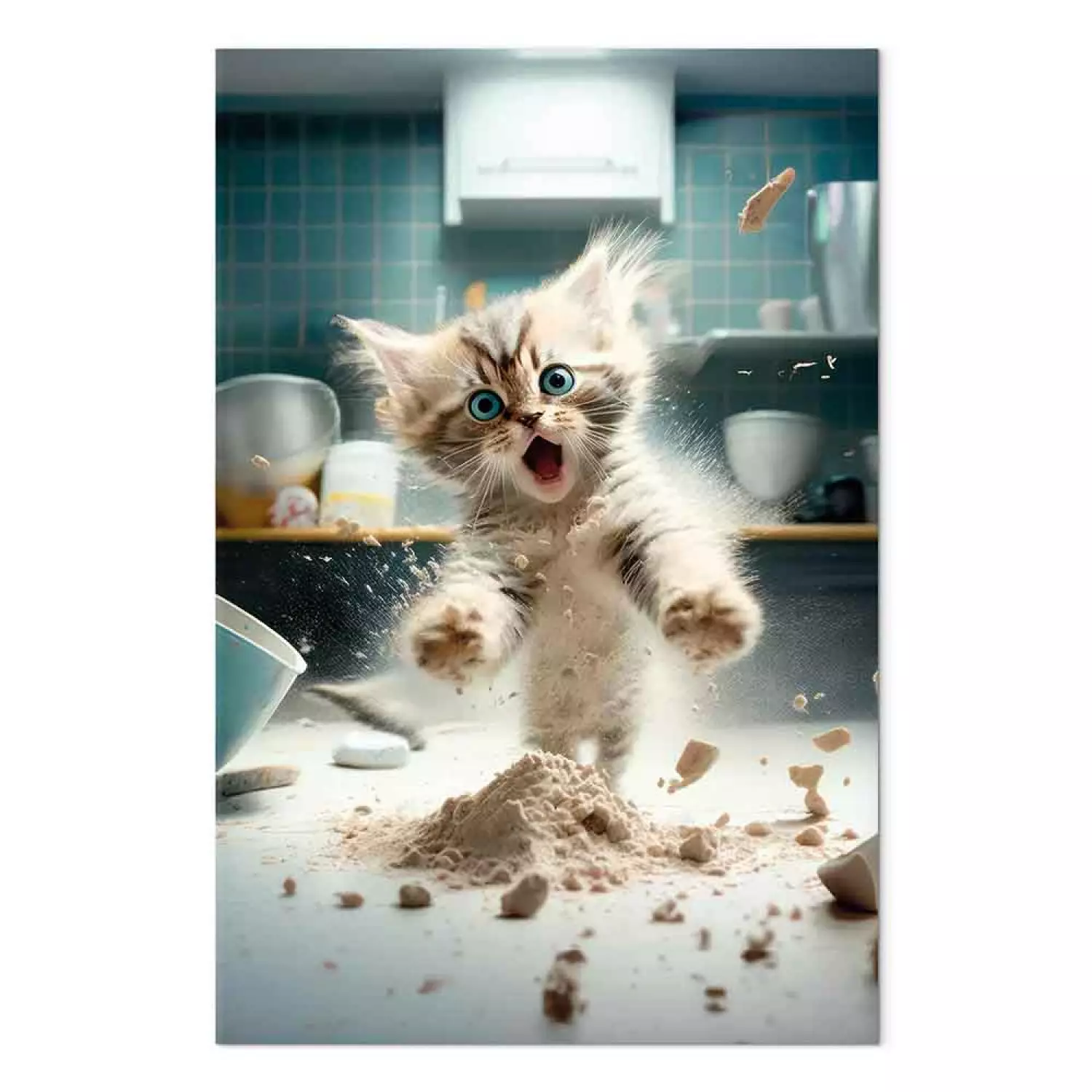Canvas Print AI Maine Coon Cat Scared Animal at Kitchen Work Vertical bimago