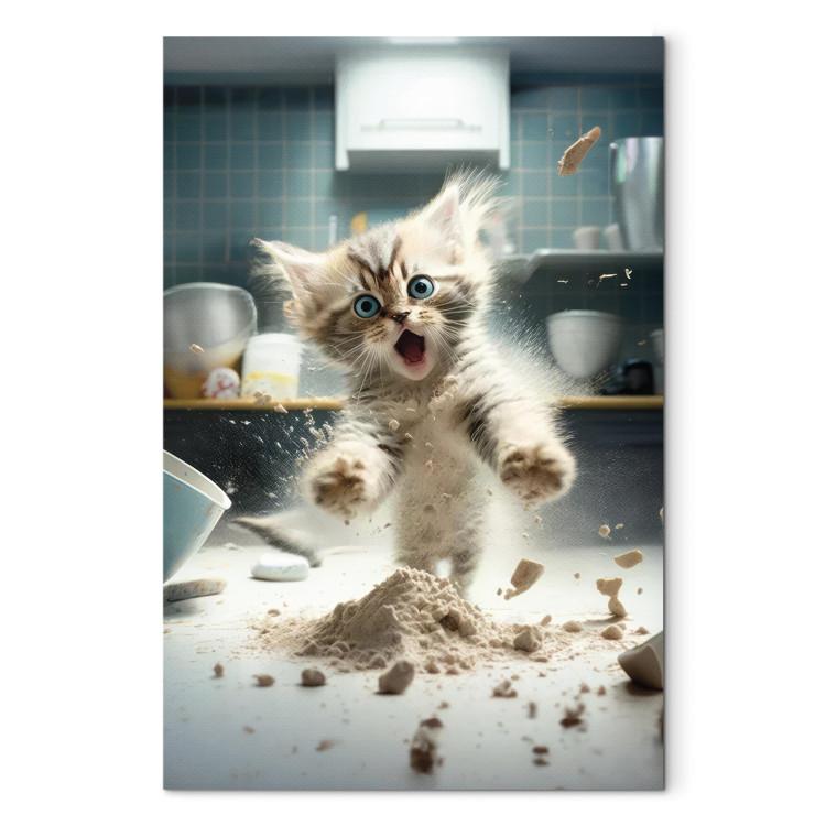 Canvas Print AI Maine Coon Cat - Scared Animal at Kitchen Work - Vertical
