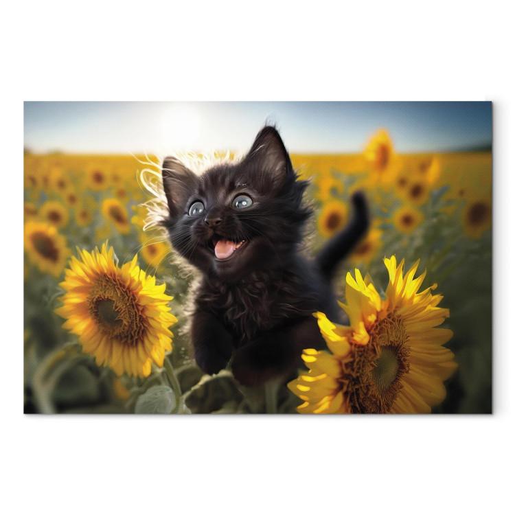 Canvas Print AI Cat - Black Animal Dancing in a Field of Sunflowers in a Sunny Glow - Horizontal