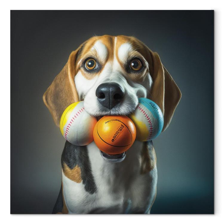 Canvas Print AI Beagle Dog - Portrait of a Animal With Three Balls in Its Mouth - Square