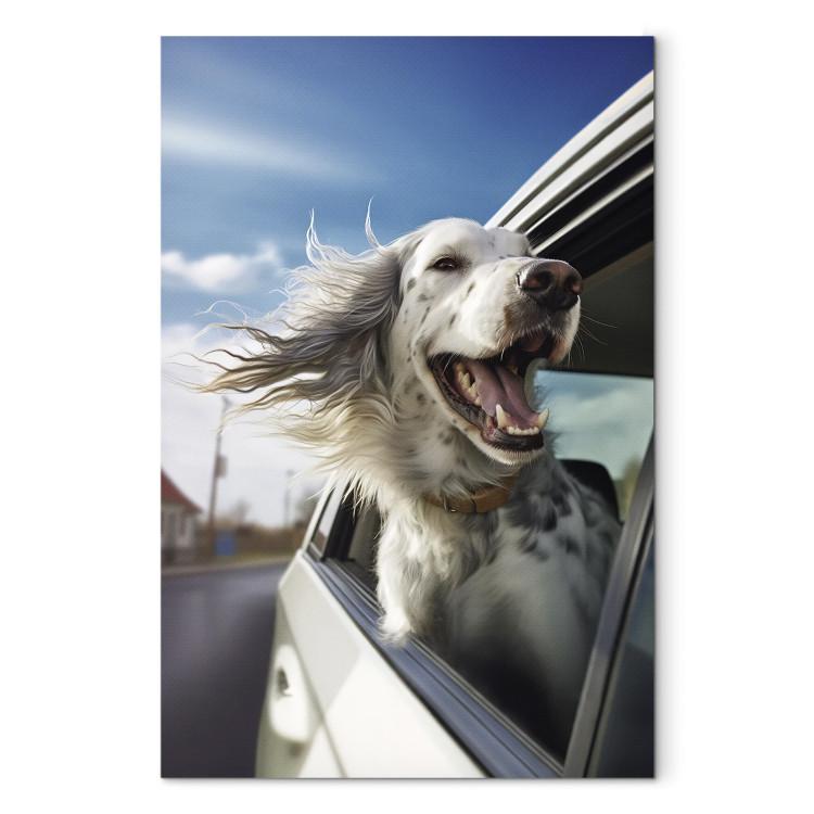 Canvas Print AI Dog English Setter - Animal Catching Air Rush While Traveling by Car - Vertical