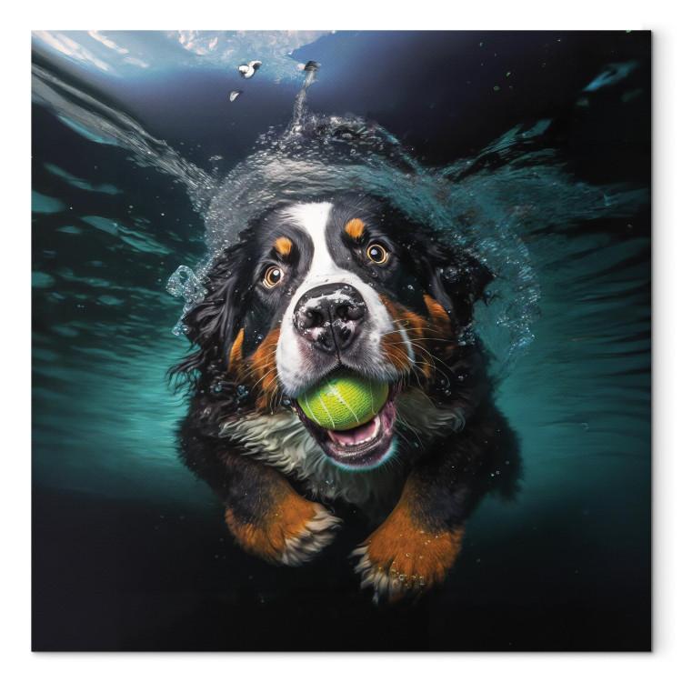 Canvas Print AI Bernese Mountain Dog - Floating Animal With a Ball in Its Mouth - Square