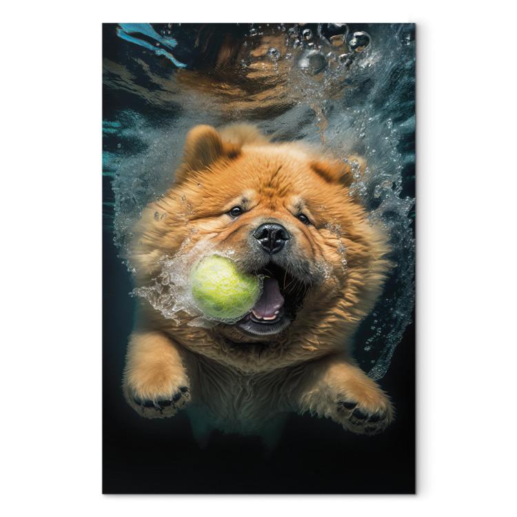 Canvas Print AI Dog Chow Chow - Floating Animal With a Ball in Its Mouth - Vertical