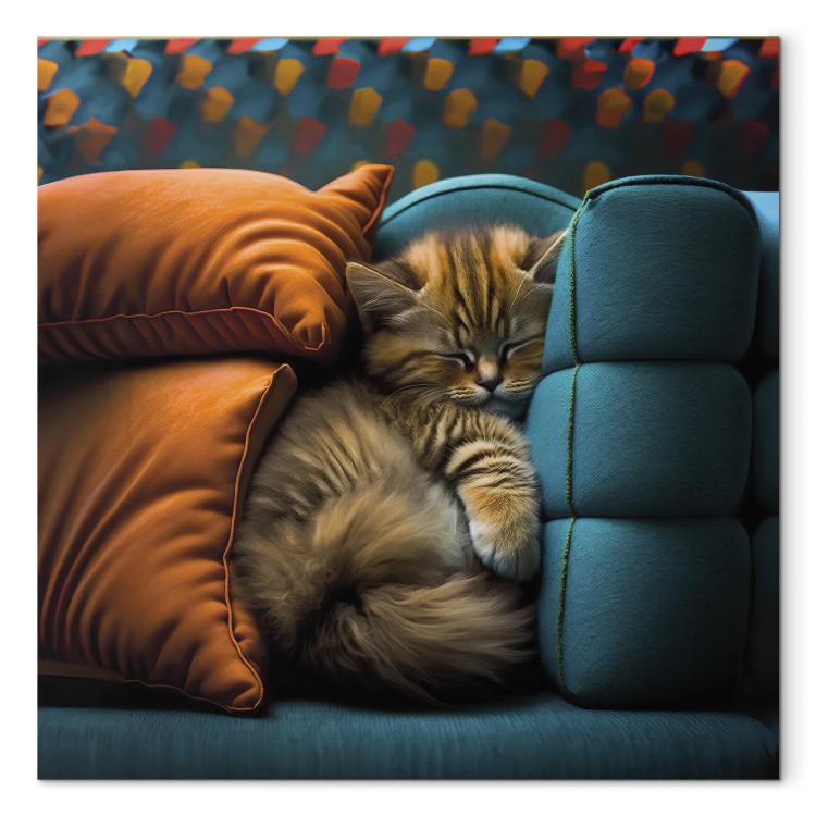 Canvas Print AI Cat - Cute Animal Sleeping Between Comfortable Pillows - Square