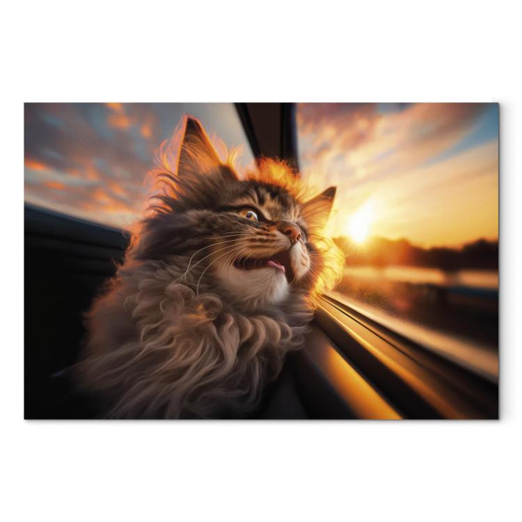 Canvas Print AI Maine Coon Cat - Animal on a Journey to the Setting Sun - Horizontal