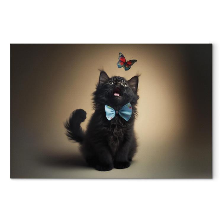 Canvas Print AI Cat - Animal in a Bow Tie Watching a Colorful Butterfly - Horizontal