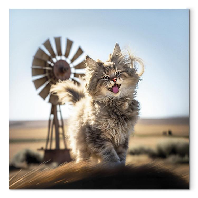 Canvas Print AI Maine Coon Cat - Smiling Fluffy Animal in Don Quixote Style - Square