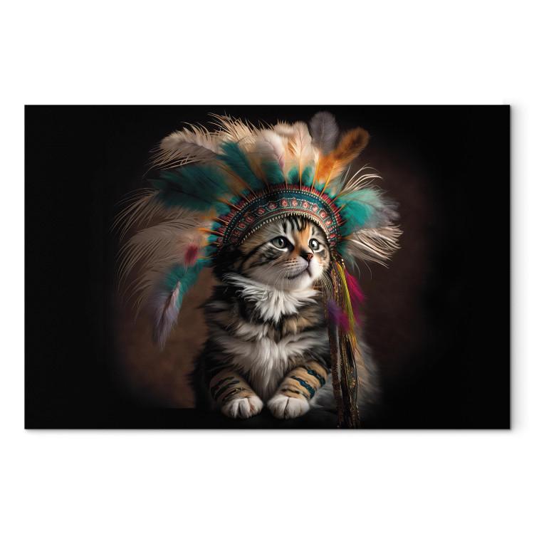Canvas Print AI Kitty - Portrait of a Proud Animal in an Indian Headdress - Horizontal