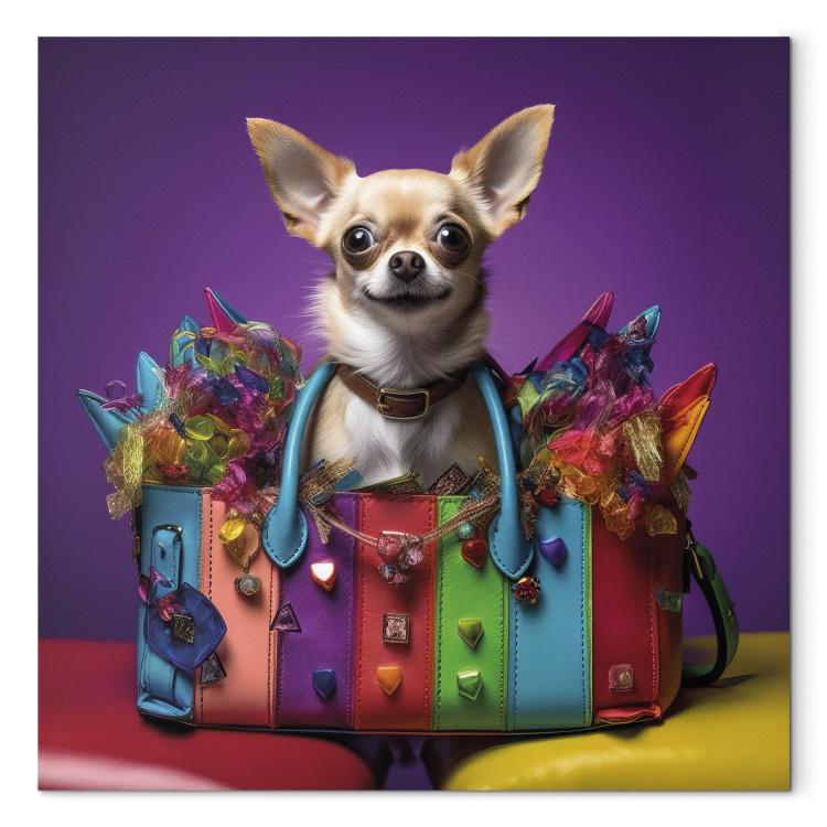 Canvas Print AI Chihuahua Dog - Tiny Animal in a Colorful Bag - Square