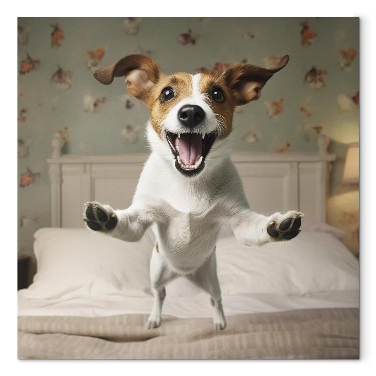 Canvas Print AI Dog Jack Russell Terrier - Joyful Animal Jumping From Bed Into Owner’s Arms - Square