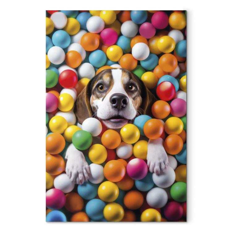 Canvas Print AI Beagle Dog - Animal Sunk in Colorful Balls - Vertical