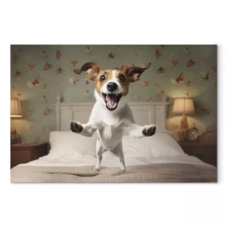 AI Dog Jack Russell Terrier - Joyful Animal Jumping From Bed Into Owner’s Arms - Horizontal