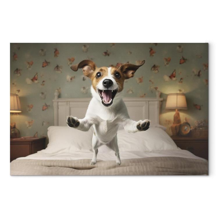 Canvas Print AI Dog Jack Russell Terrier - Joyful Animal Jumping From Bed Into Owner’s Arms - Horizontal