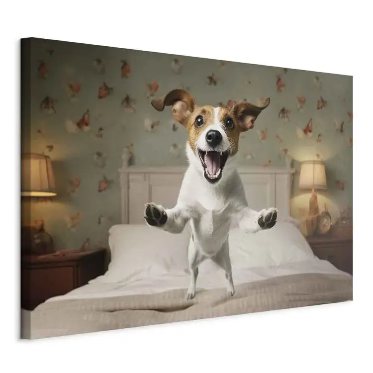 AI Dog Jack Russell Terrier - Joyful Animal Jumping From Bed Into Owner’s Arms - Horizontal