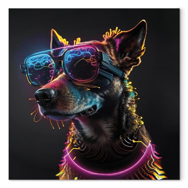 Canvas Print AI Dog - Pink Cyber Animal With Neon Glasses - Square