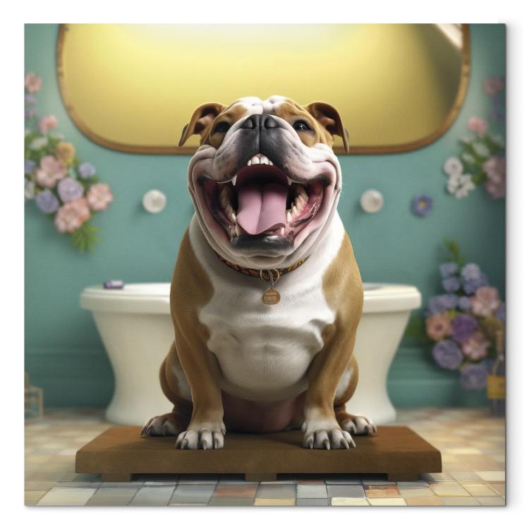 Canvas Print AI French Bulldog Dog - Animal Waiting In Colorful Bathroom - Square