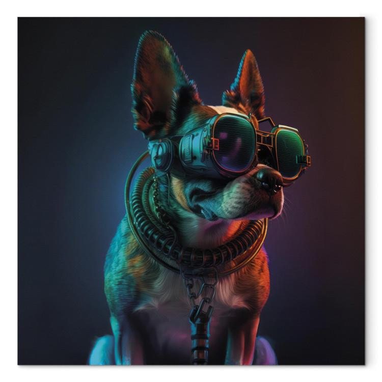 Canvas Print AI Boston Terrier Dog - Green Cyber Animal Wearing Cyberpunk Glasses - Square