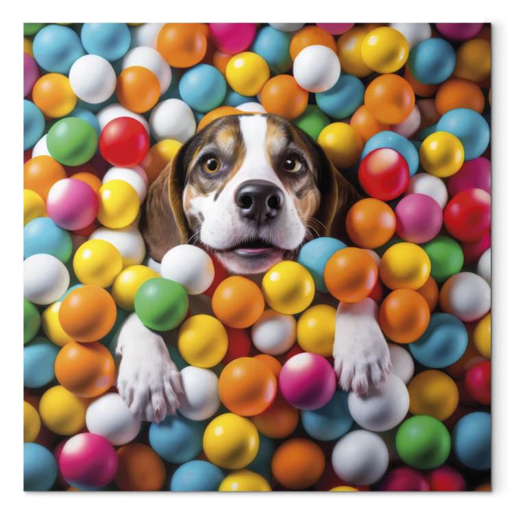 Canvas Print AI Beagle Dog - Animal Sunk in Colorful Balls - Square