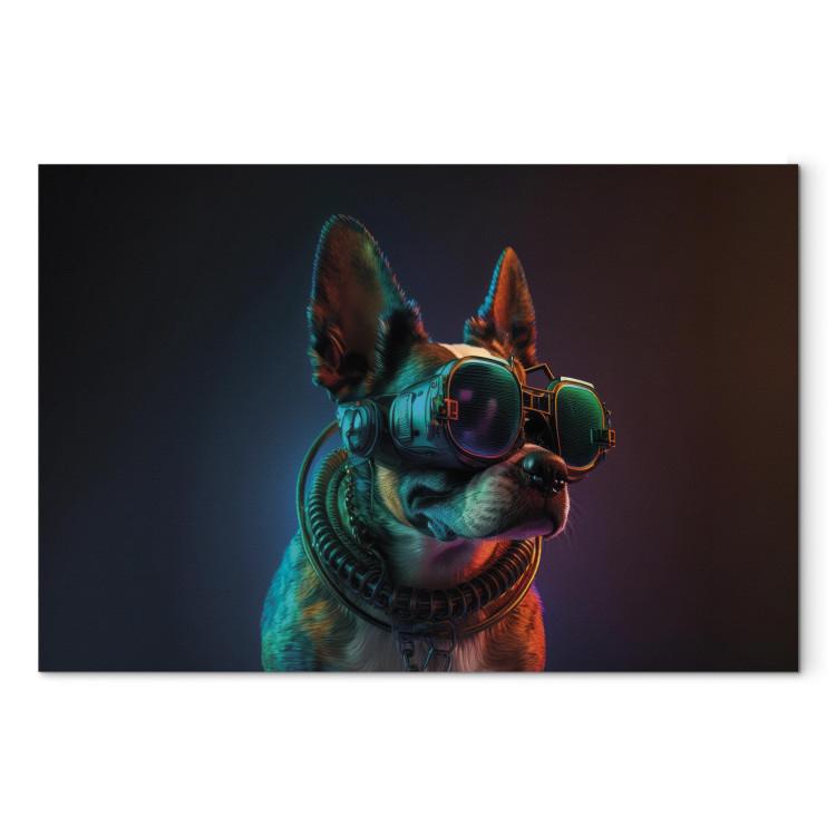 Canvas Print AI Boston Terrier Dog - Green Cyber Animal Wearing Cyberpunk Glasses - Horizontal