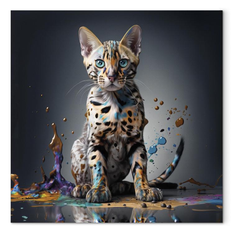 Canvas Print AI Bengal Cat - Animal in a Colorful Exploding Puddle - Square