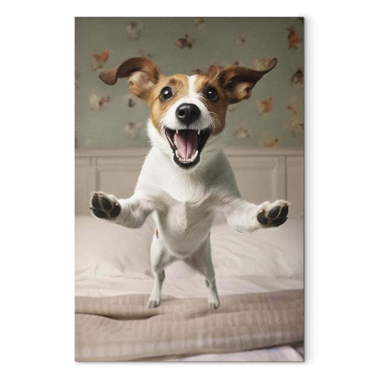 Canvas Print AI Dog Jack Russell Terrier - Joyful Animal Jumping From Bed Into Owner’s Arms - Vertical