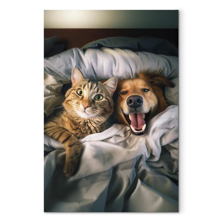 Canvas Print AI Golden Retriever Dog and Tabby Cat - Animals Resting in Comfortable Bedding - Vertical
