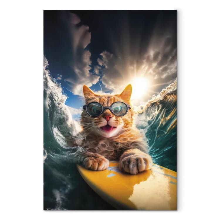 Canvas Print AI Cat - Ginger Animal Surfing on a Board in a Stormy Sea - Vertical