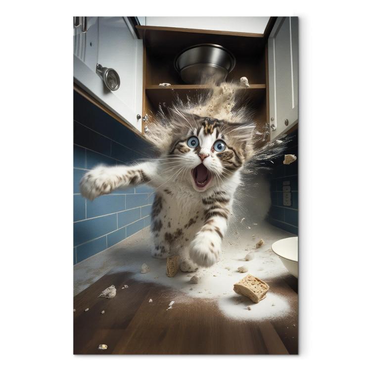 Canvas Print AI Cat - Animal Escaping From the Kitchen After Breaking Supplies - Vertical