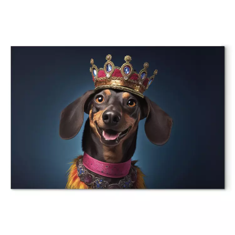 Canvas Print AI Dog Dachshund - Portrait of a Smiling Animal Wearing a Crown - Horizontal