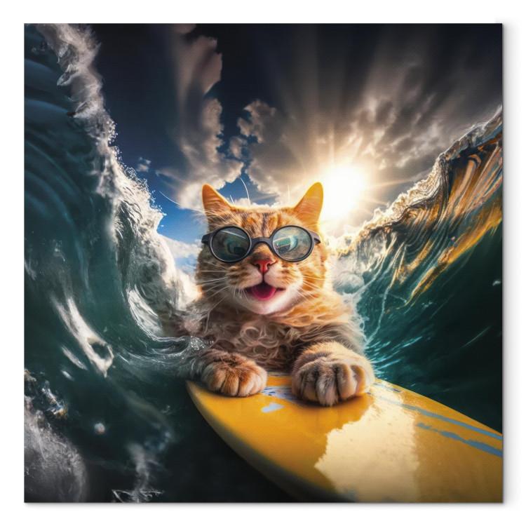Canvas Print AI Cat - Ginger Animal Surfing on a Board in a Stormy Sea - Square