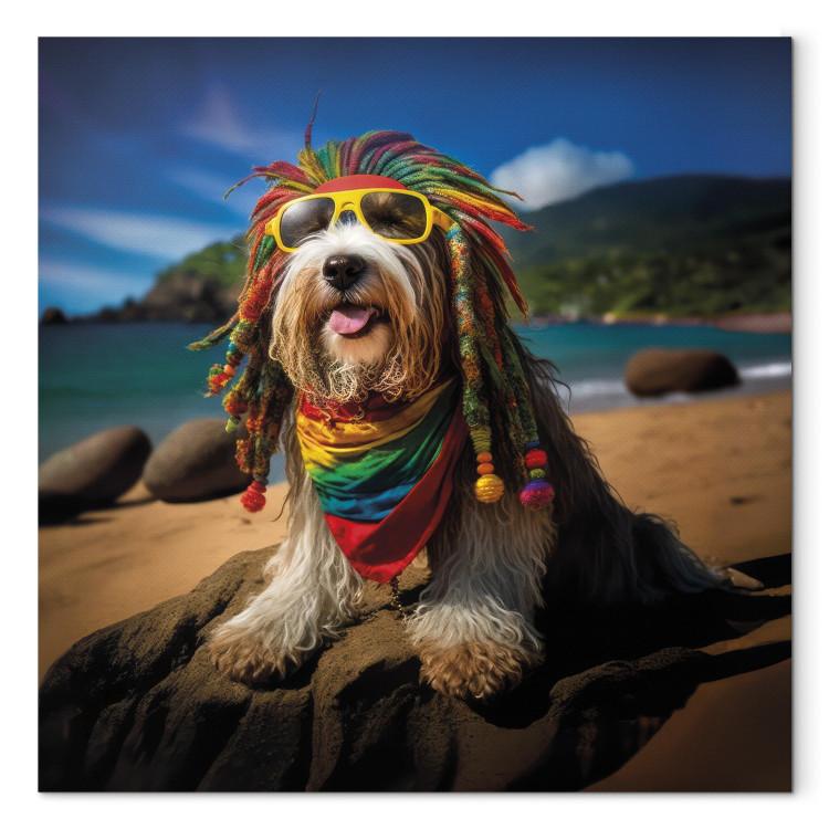 Canvas Print AI Bearded Collie Dog - Rasta Animal Chilling on Paradise Beach - Square