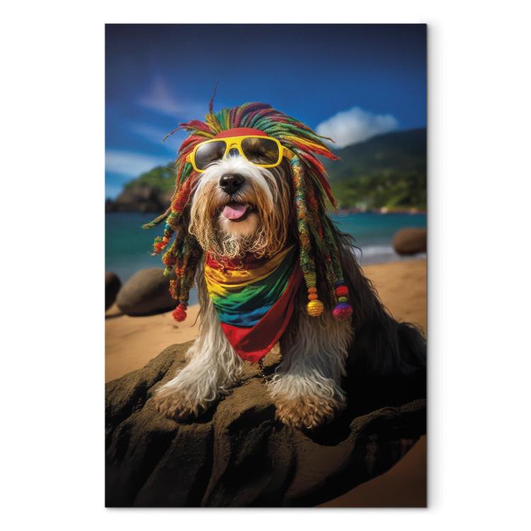 Canvas Print AI Bearded Collie Dog - Rasta Animal Chilling on Paradise Beach - Vertical
