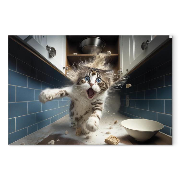 Canvas Print AI Cat - Animal Escaping From the Kitchen After Breaking Supplies - Horizontal