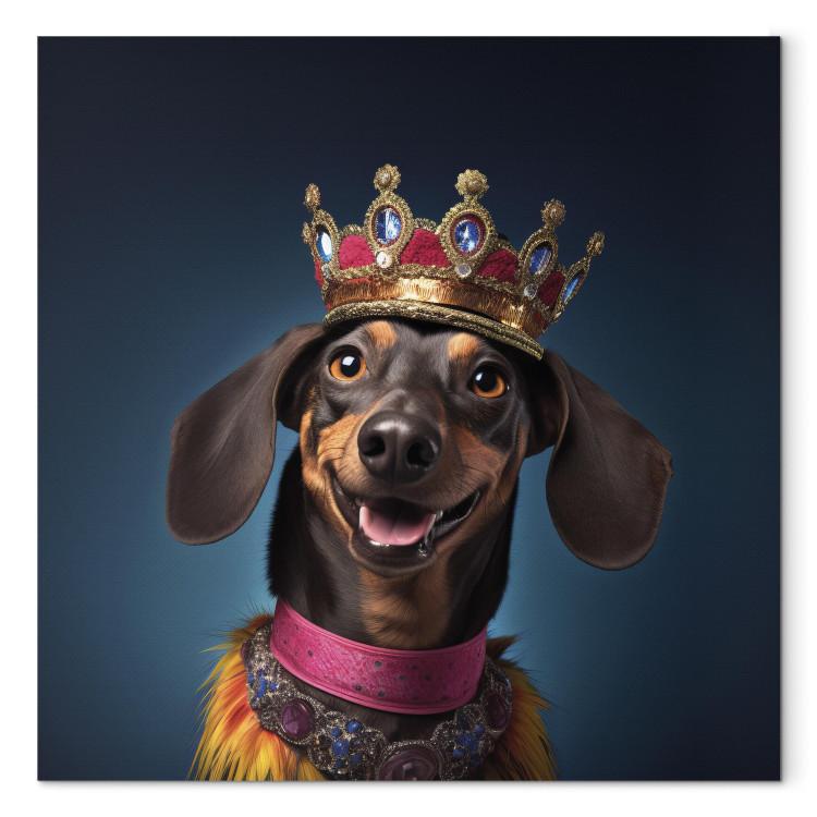 Canvas Print AI Dog Dachshund - Portrait of a Smiling Animal Wearing a Crown - Square