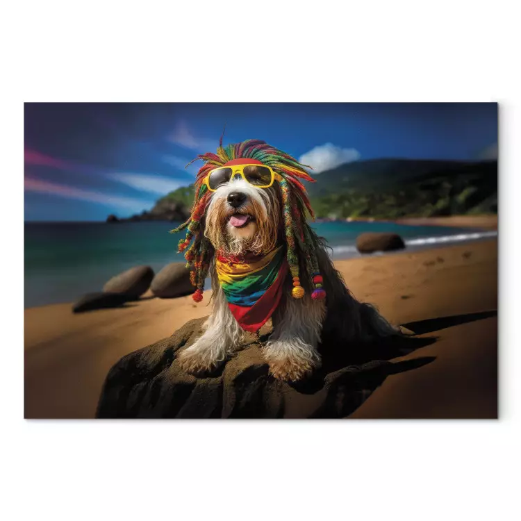 Canvas Print AI Bearded Collie Dog - Rasta Animal Chilling on Paradise Beach - Horizontal