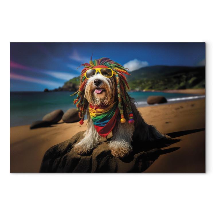 Canvas Print AI Bearded Collie Dog - Rasta Animal Chilling on Paradise Beach - Horizontal