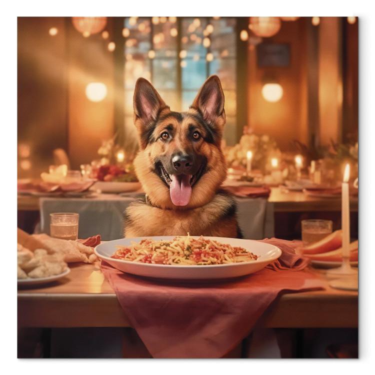 Canvas Print AI Dog German Shepherd - Animal at Dinner in Restaurant - Square