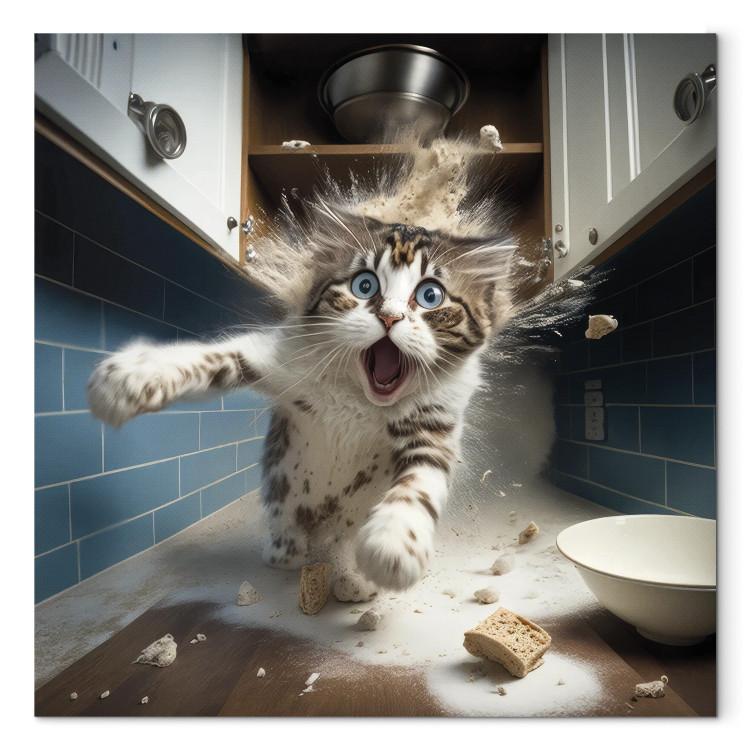 Canvas Print AI Cat - Animal Escaping From the Kitchen After Breaking Supplies - Square