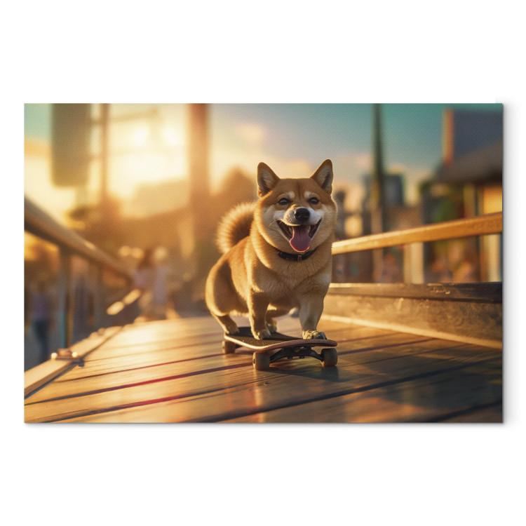 Canvas Print AI Shiba Dog - Smiling Animal on Skateboard at Sunset - Horizontal