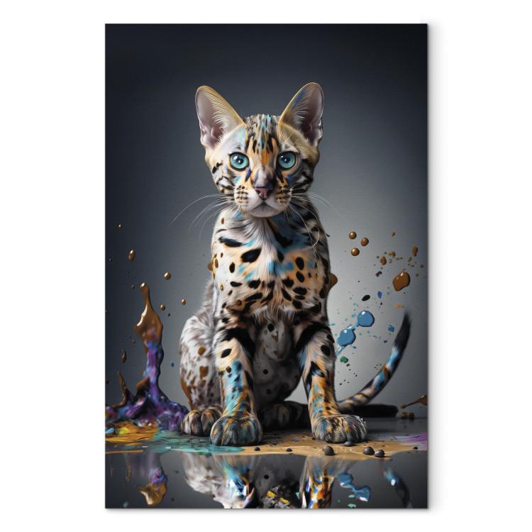 Canvas Print AI Bengal Cat - Animal in a Colorful Exploding Puddle - Verticall