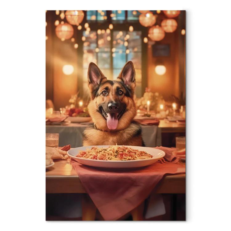 Canvas Print AI Dog German Shepherd - Animal at Dinner in Restaurant - Vertical