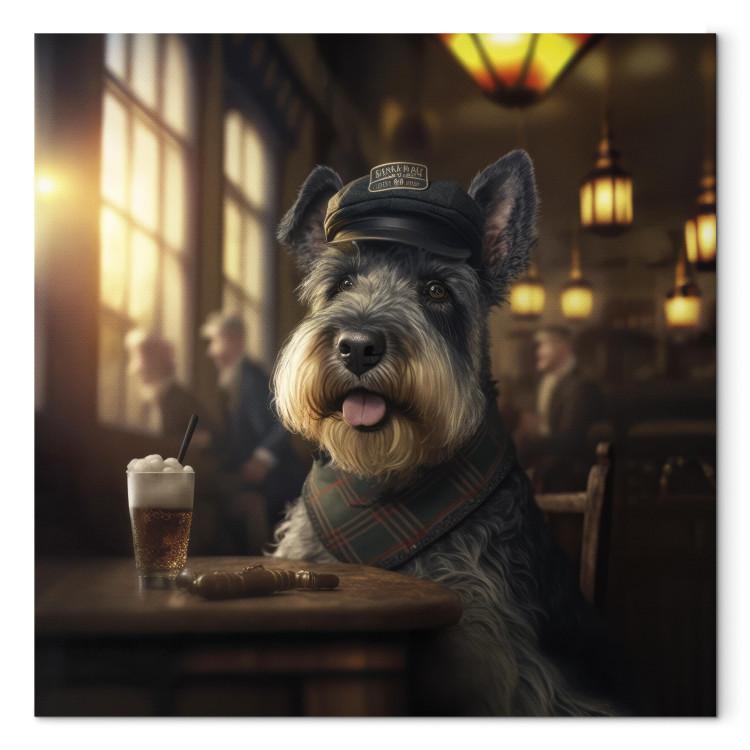 Canvas Print AI Dog Miniature Schnauzer - Portrait of a Animal in a Pub With a Beer - Square