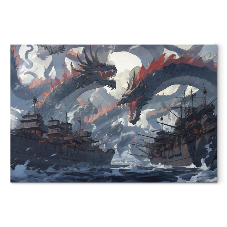 Canvas Print Sea Battle - Warships and Monsters in the Stormy Ocean
