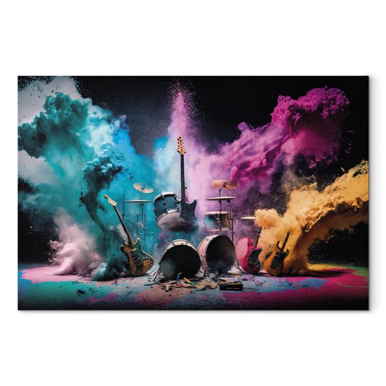 Canvas Print Rock Concert - Exploding Instruments on Stage in Colored Dust