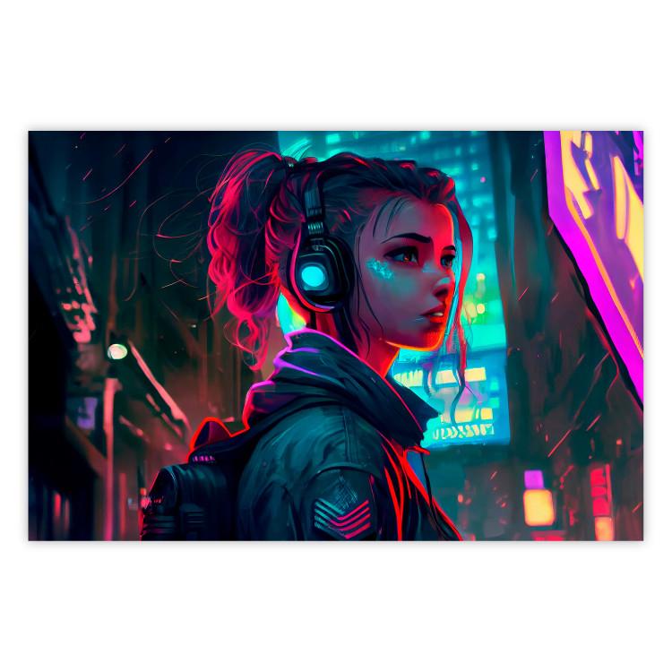Poster Woman From a Computer - A Girl in the City in the Climate of Cyberpunk