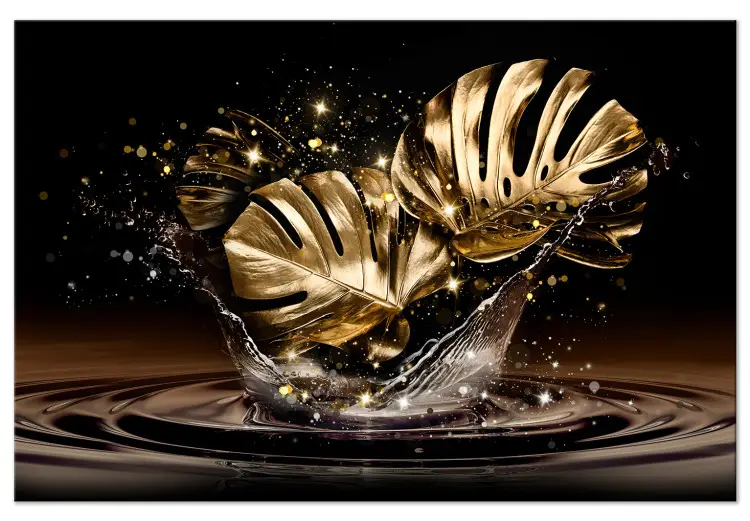 Golden Monstera - Plants Surrounded by Gold Particles Emerging from Water on a Dark Background