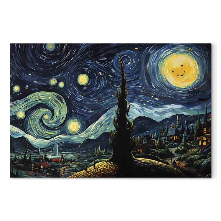 Canvas Print Starry Night - A Landscape in the Style of Van Gogh With a Smiling Moon
