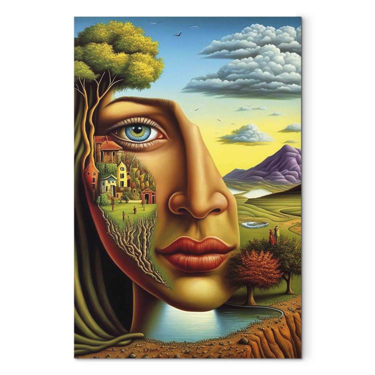 Canvas Print Abstract Portrait - A Face Against the Background of Mountains and a Small Town