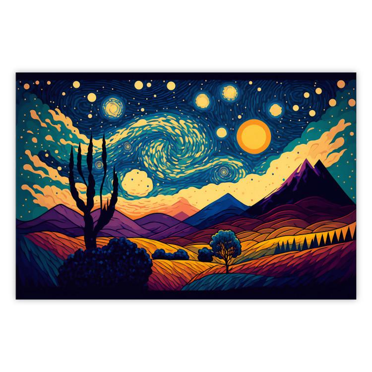 Poster Impressionistic Landscape - Mountains and Fields Under a Sky Full of Stars